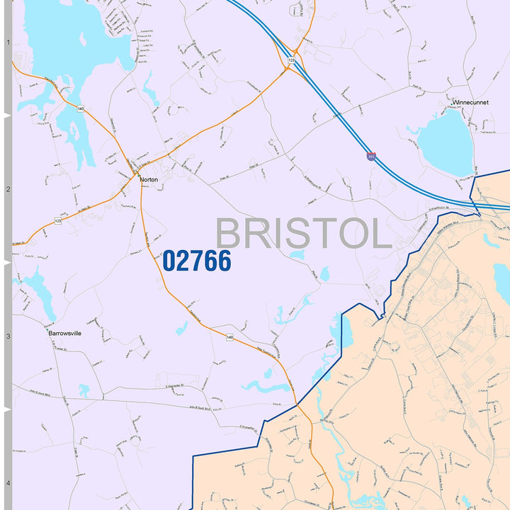 Color Cast Zip Code Style Wall Map of Taunton, MA