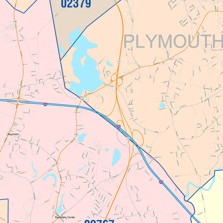 Color Cast Zip Code Style Wall Map of Taunton, MA