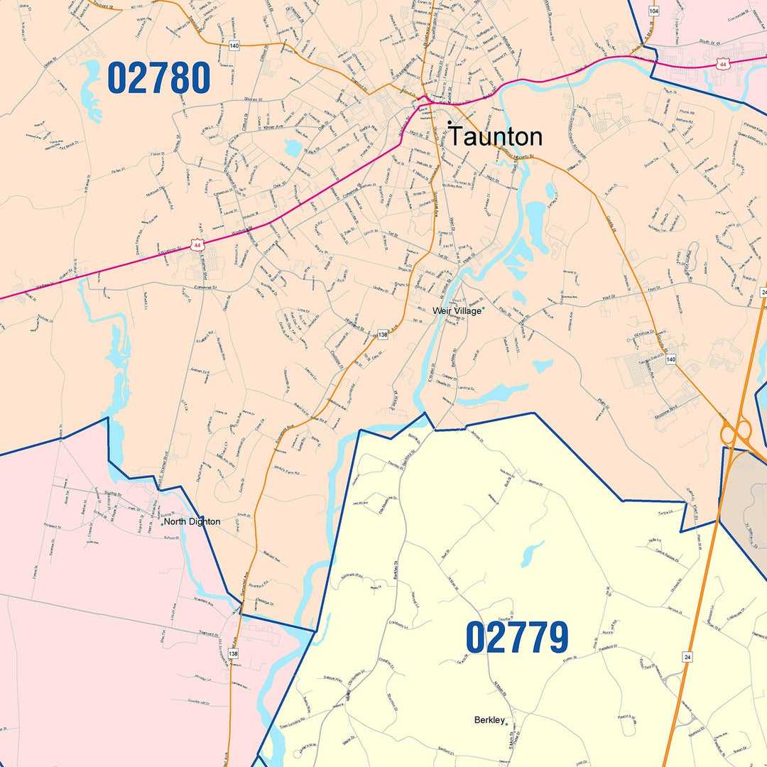 Color Cast Zip Code Style Wall Map of Taunton, MA