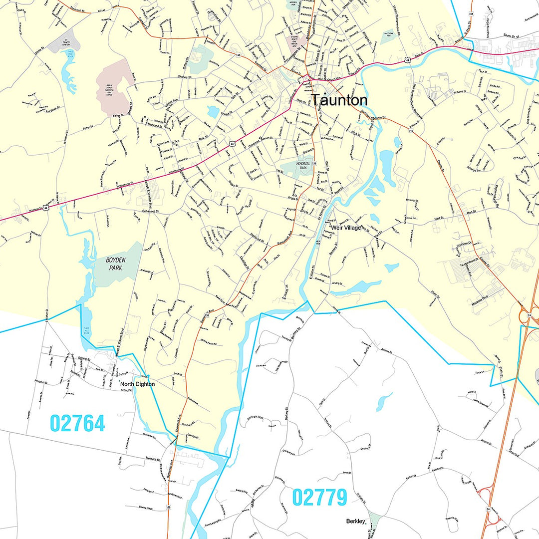 Premium Style Wall Map of Taunton, MA