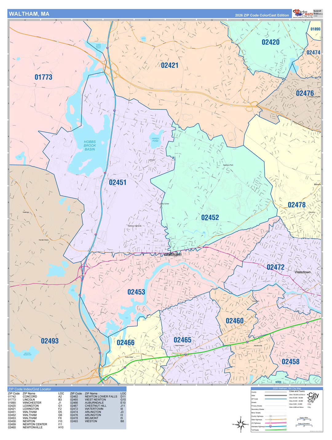 Color Cast Zip Code Style Wall Map of Waltham, MA