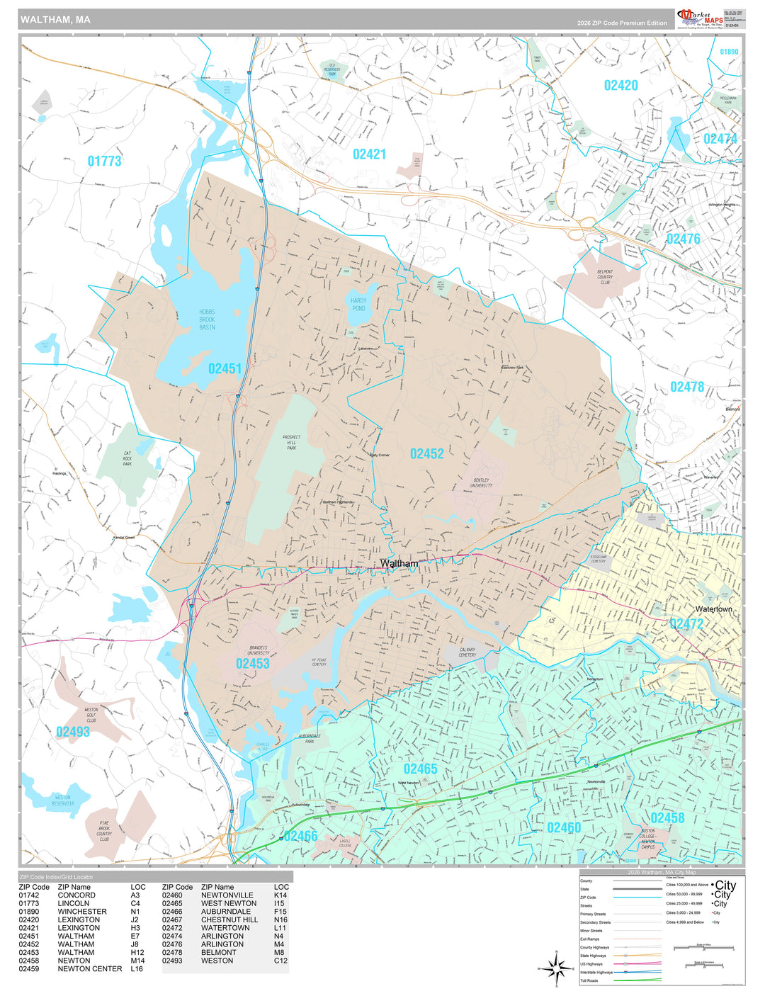 Premium Style Wall Map of Waltham, MA