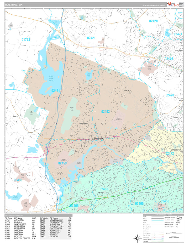 Premium Style Wall Map of Waltham, MA