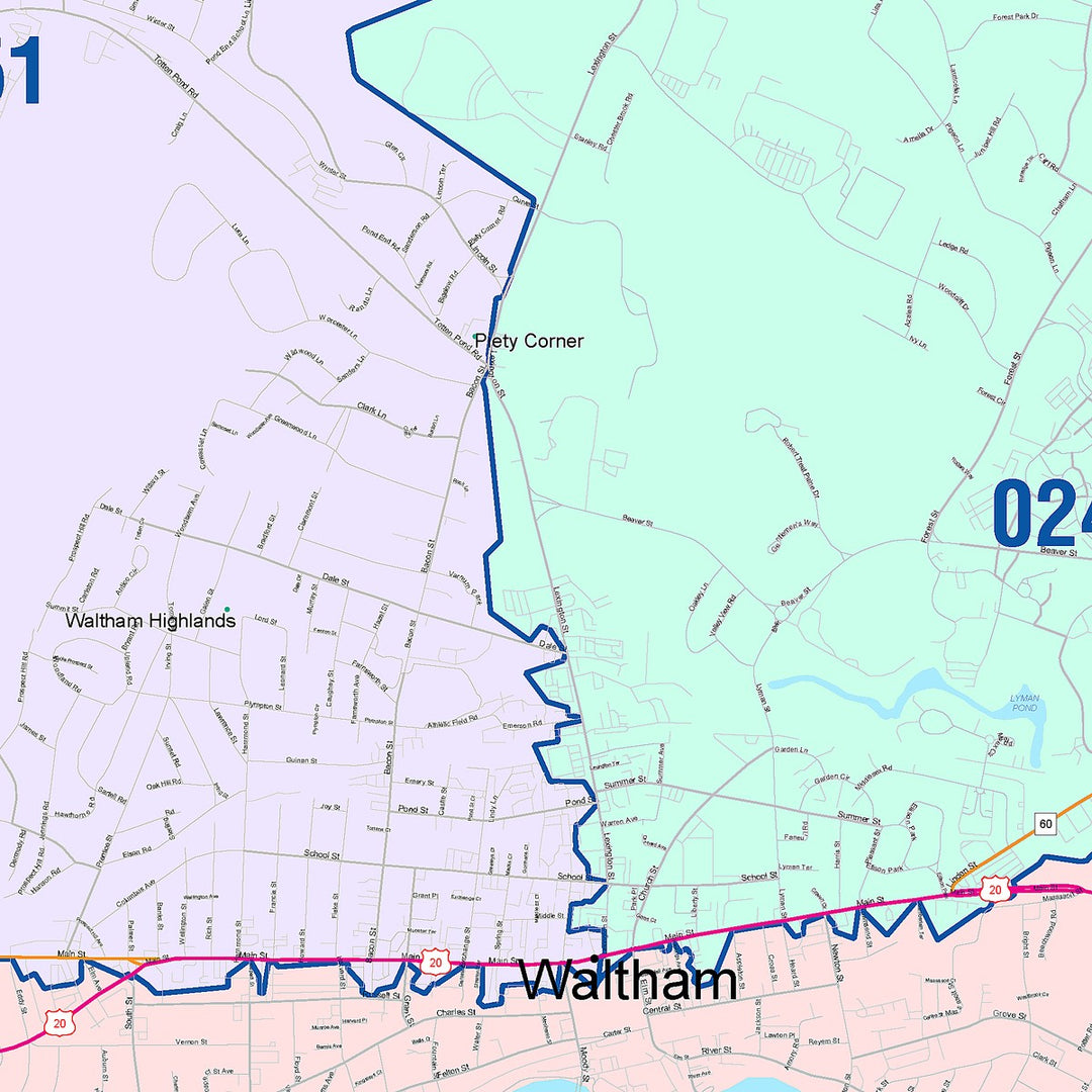 Color Cast Zip Code Style Wall Map of Waltham, MA