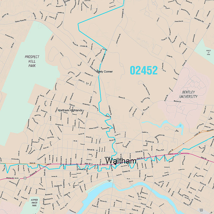 Premium Style Wall Map of Waltham, MA