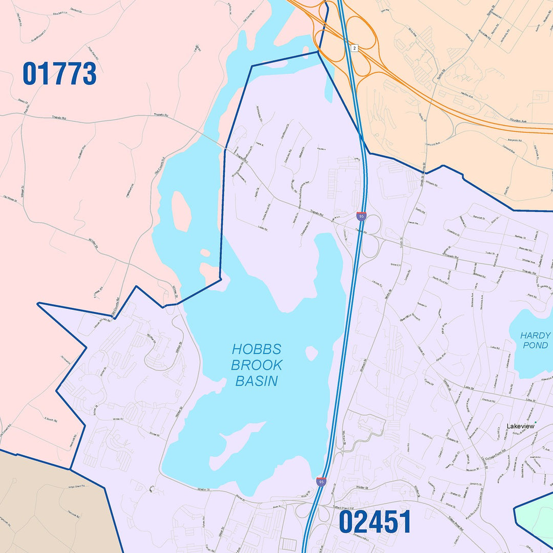 Color Cast Zip Code Style Wall Map of Waltham, MA