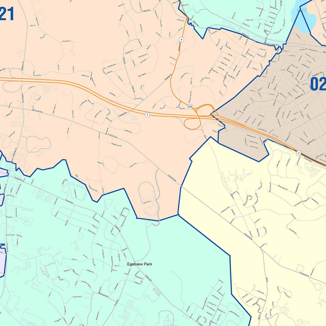 Color Cast Zip Code Style Wall Map of Waltham, MA