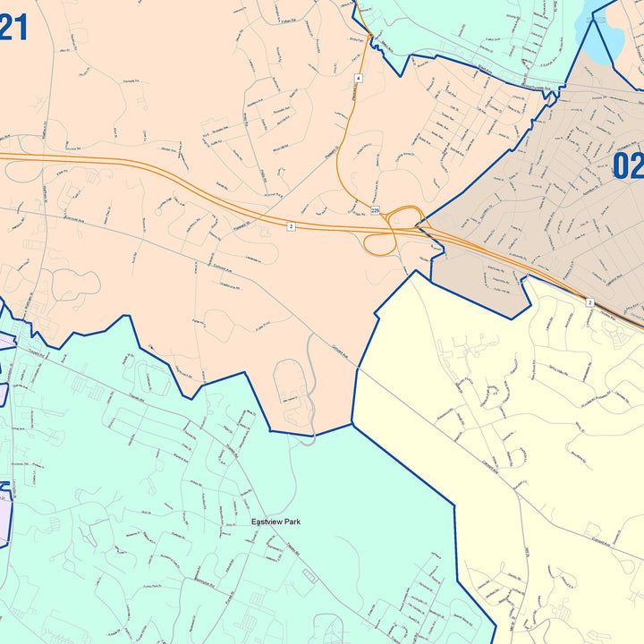 Color Cast Zip Code Style Wall Map of Waltham, MA