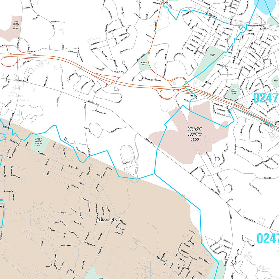 Premium Style Wall Map of Waltham, MA