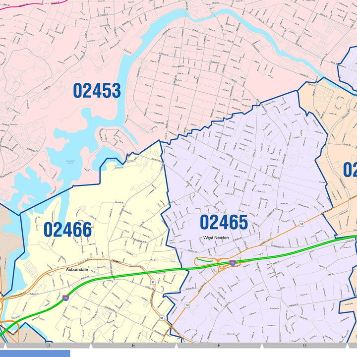 Color Cast Zip Code Style Wall Map of Waltham, MA