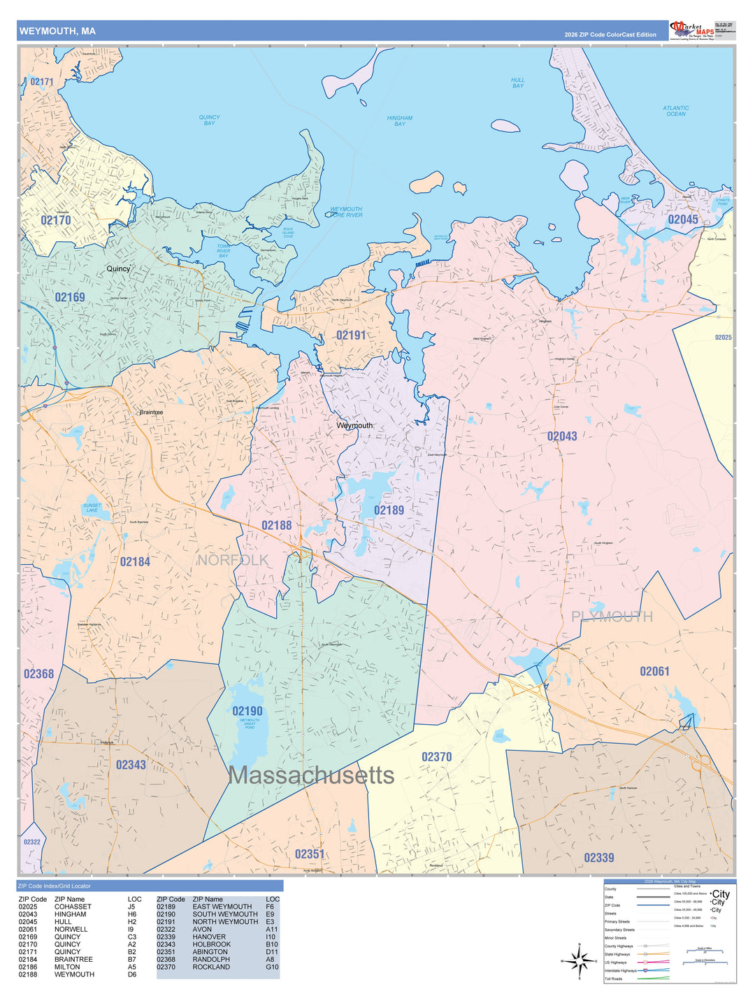 Color Cast Zip Code Style Wall Map of Weymouth, MA