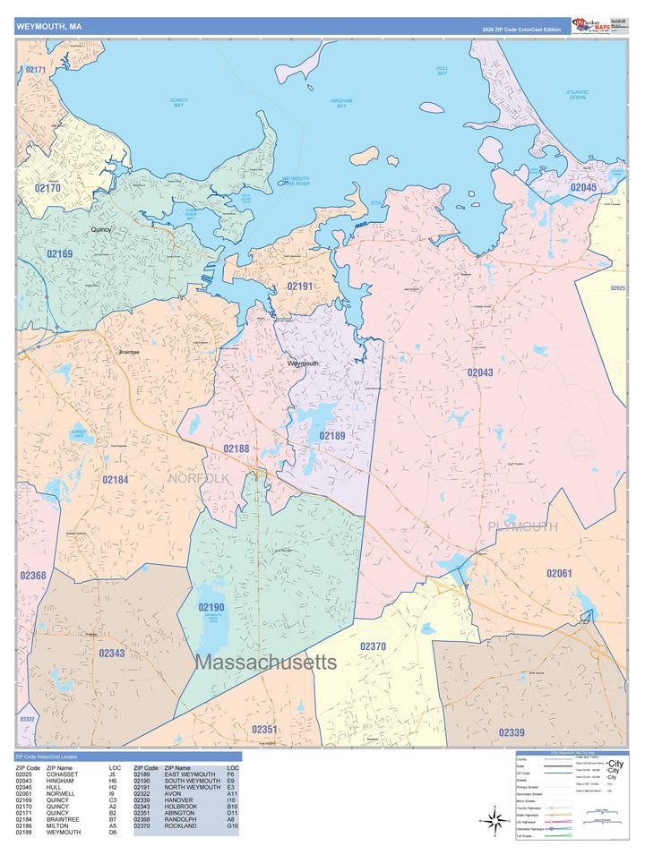 Color Cast Zip Code Style Wall Map of Weymouth, MA