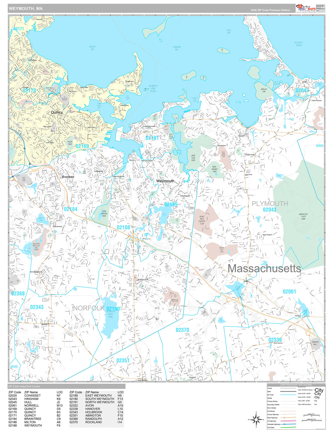 Premium Style Wall Map of Weymouth, MA