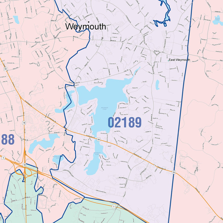 Color Cast Zip Code Style Wall Map of Weymouth, MA