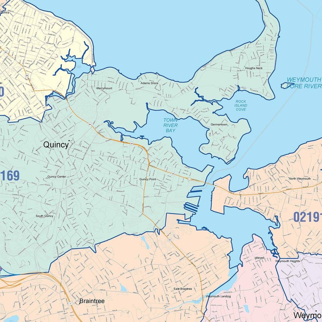Color Cast Zip Code Style Wall Map of Weymouth, MA