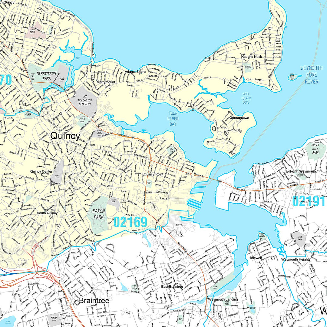Premium Style Wall Map of Weymouth, MA