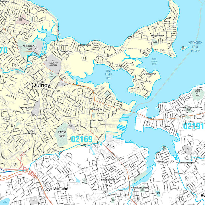 Premium Style Wall Map of Weymouth, MA