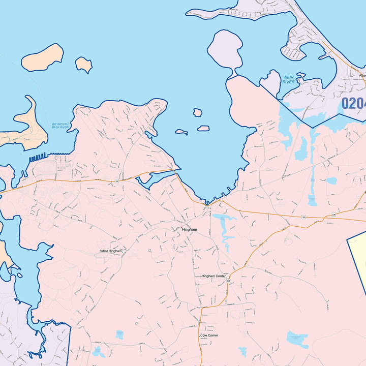 Color Cast Zip Code Style Wall Map of Weymouth, MA
