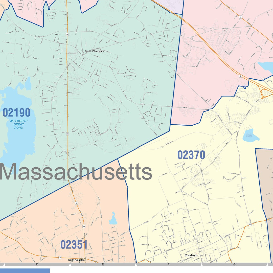 Color Cast Zip Code Style Wall Map of Weymouth, MA