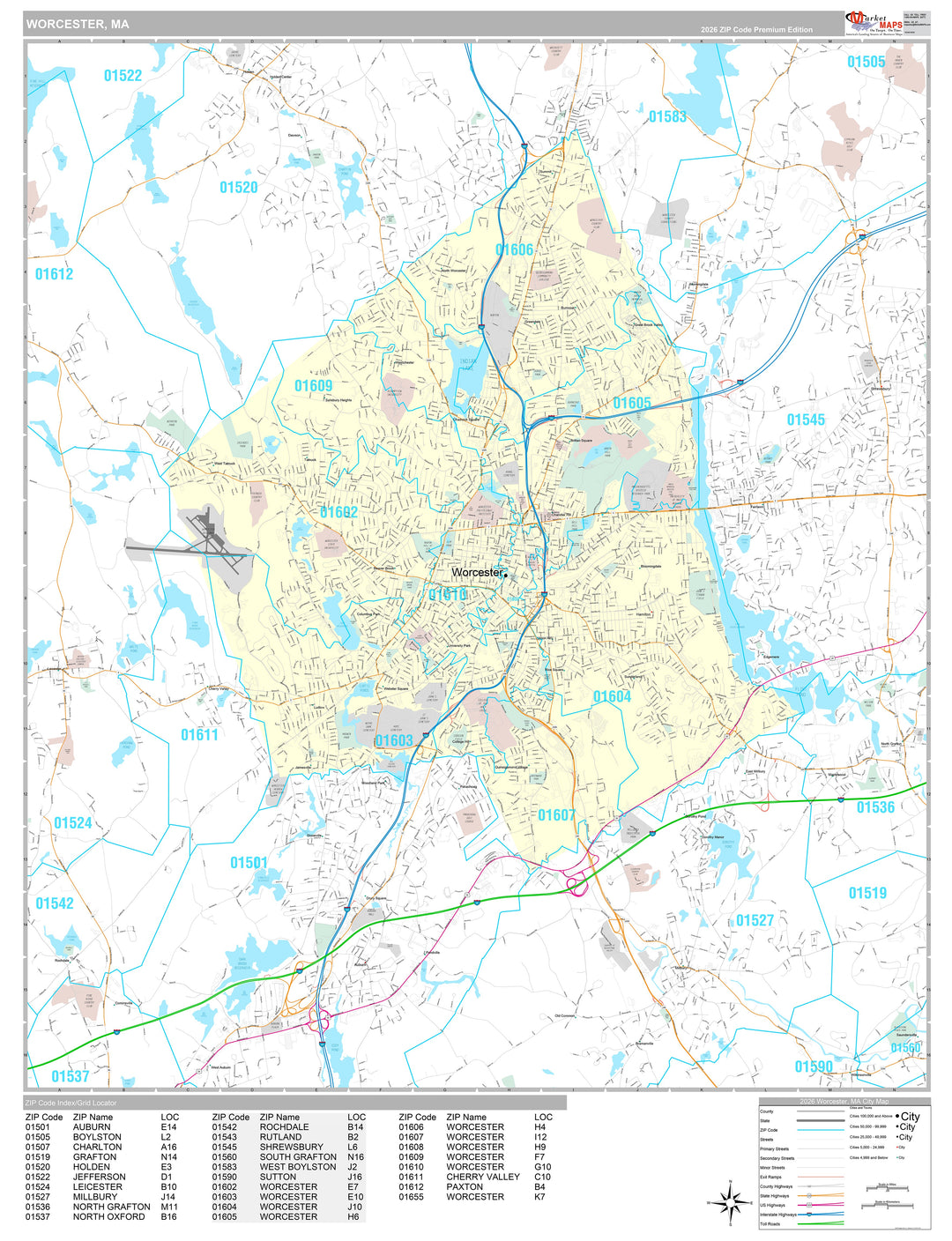 Premium Style Wall Map of Worcester MA