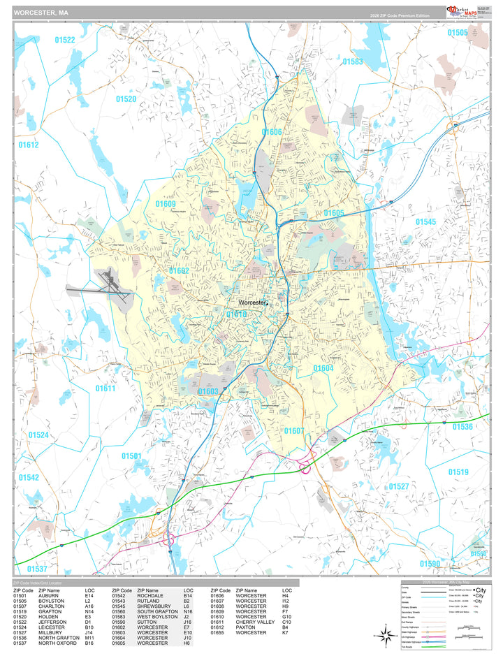 Premium Style Wall Map of Worcester MA