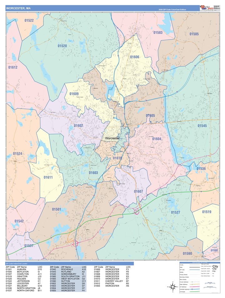 Color Cast Zip Code Style Wall Map of Worcester, MA