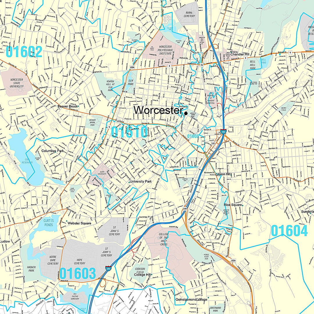 Premium Style Wall Map of Worcester MA