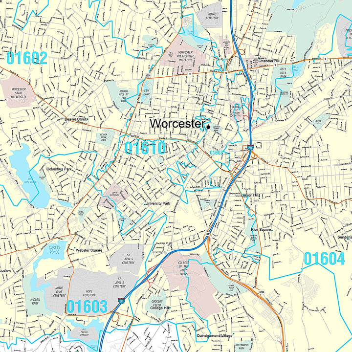 Premium Style Wall Map of Worcester MA