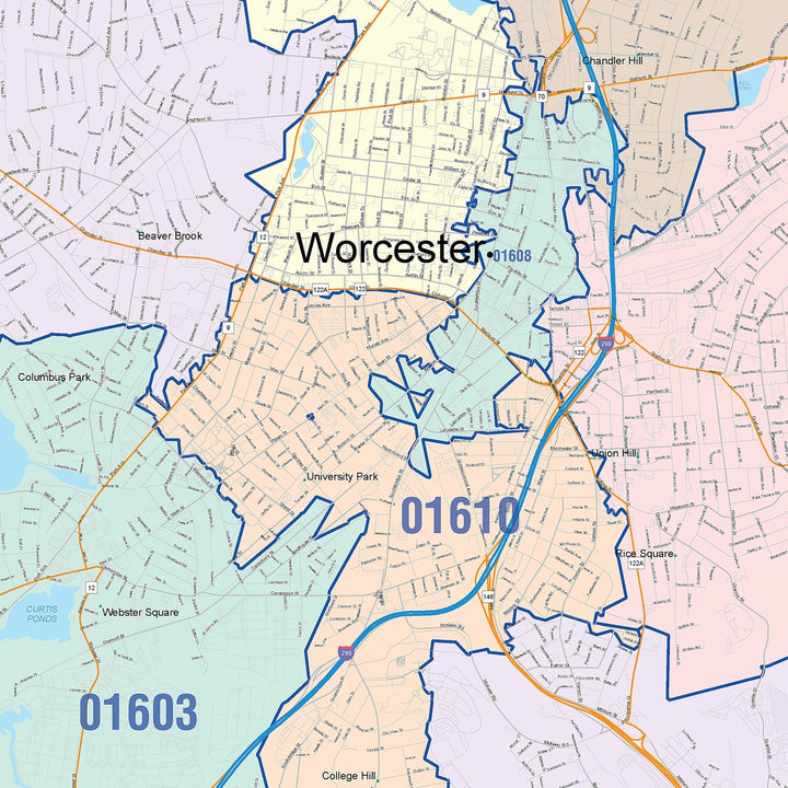 Color Cast Zip Code Style Wall Map of Worcester, MA