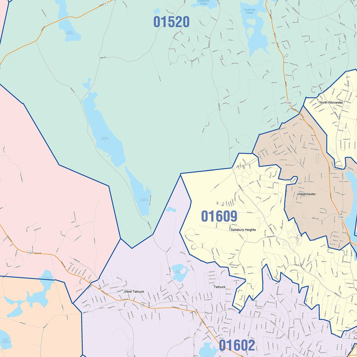 Color Cast Zip Code Style Wall Map of Worcester, MA