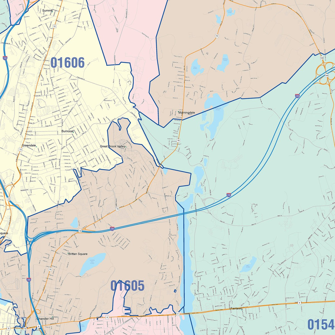 Color Cast Zip Code Style Wall Map of Worcester, MA