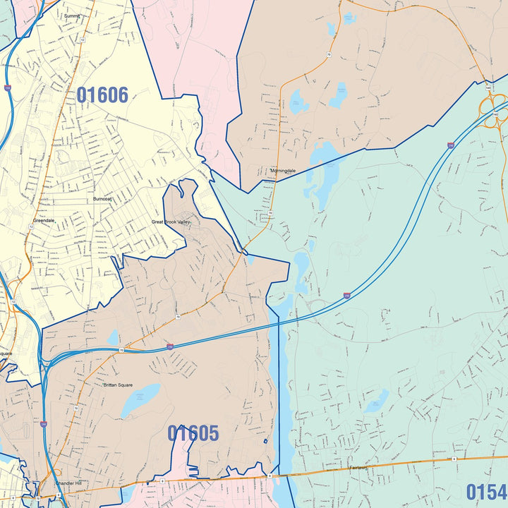 Color Cast Zip Code Style Wall Map of Worcester, MA