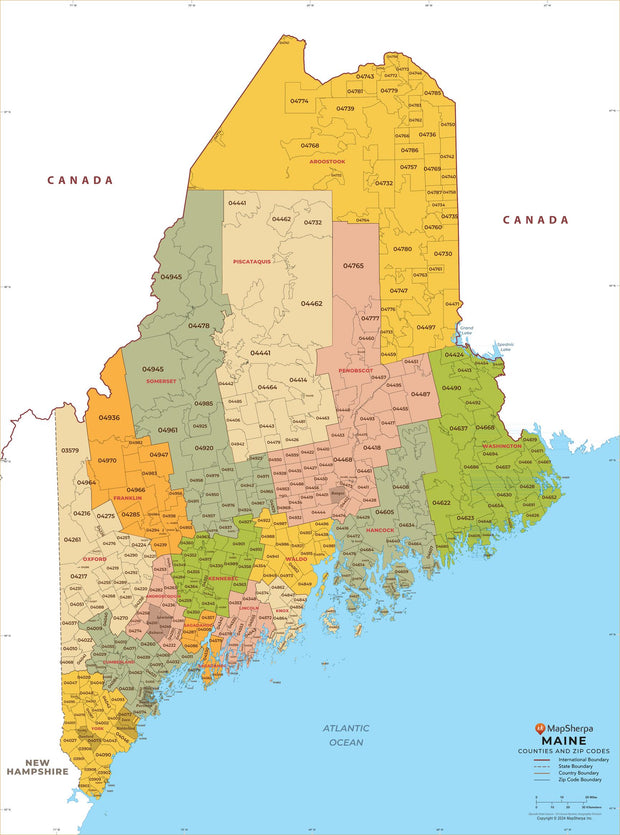 Maine Zip Code Map with Counties
