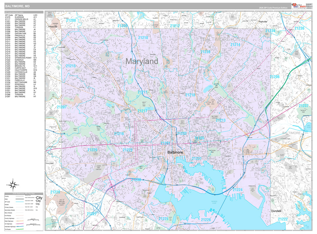 Premium Style Wall Map of Baltimore MD