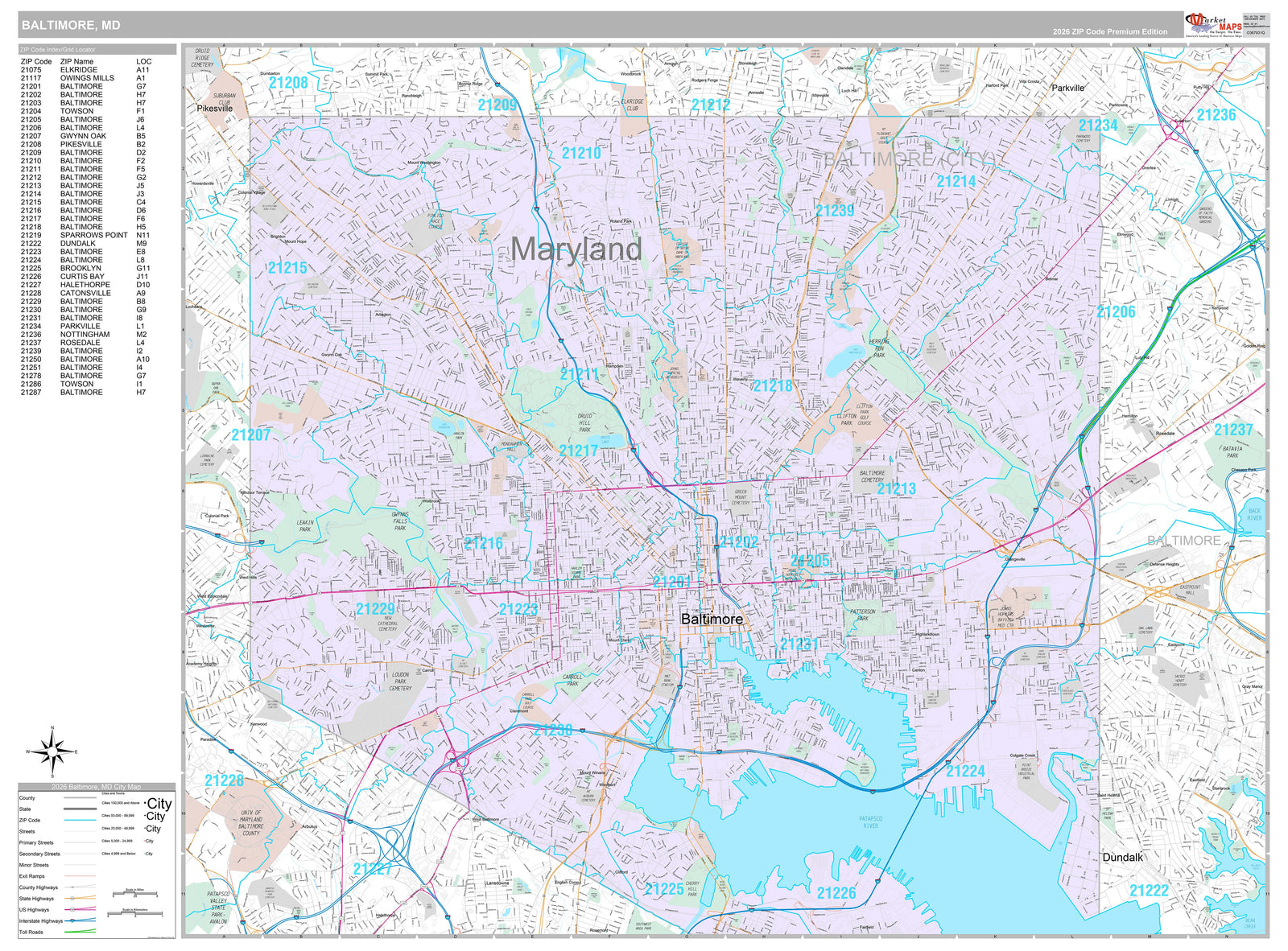 Premium Style Wall Map of Baltimore MD