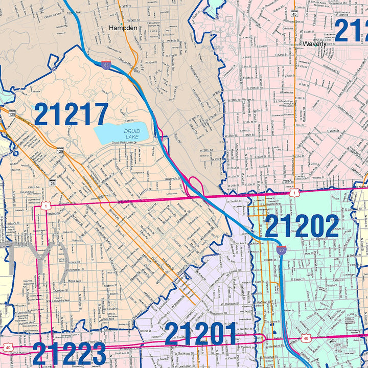 Color Cast Zip Code Style Wall Map of Baltimore MD
