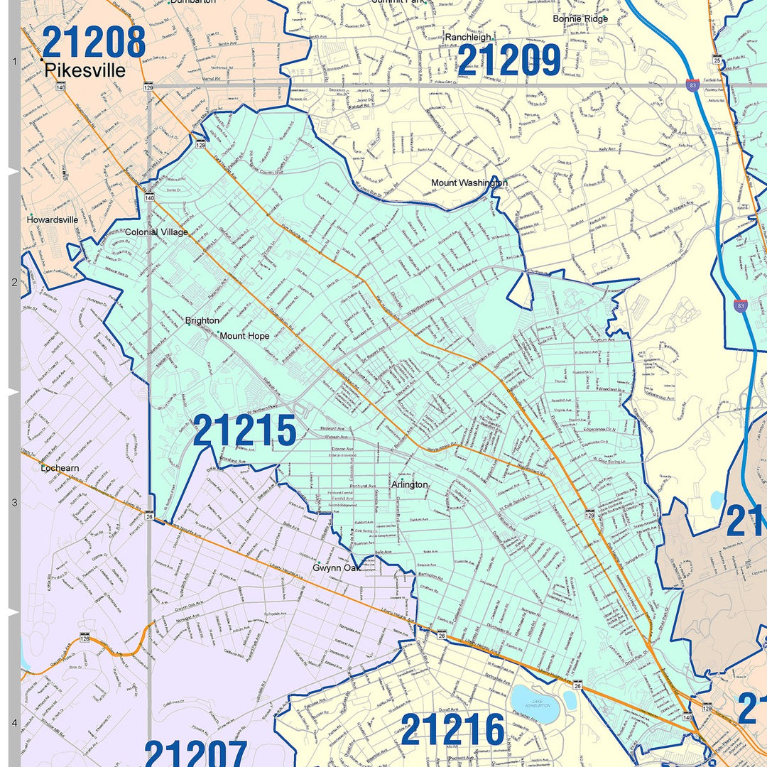 Color Cast Zip Code Style Wall Map of Baltimore MD