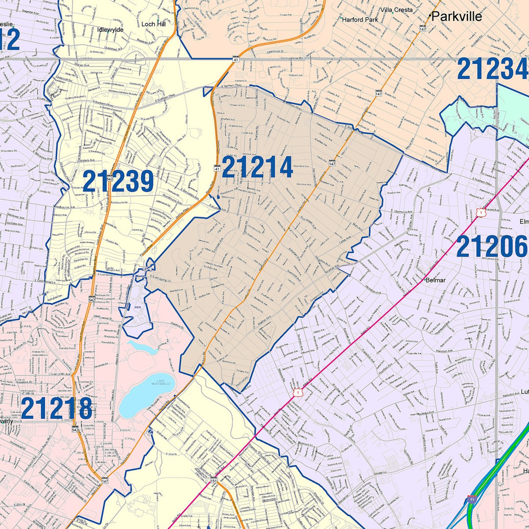 Color Cast Zip Code Style Wall Map of Baltimore MD