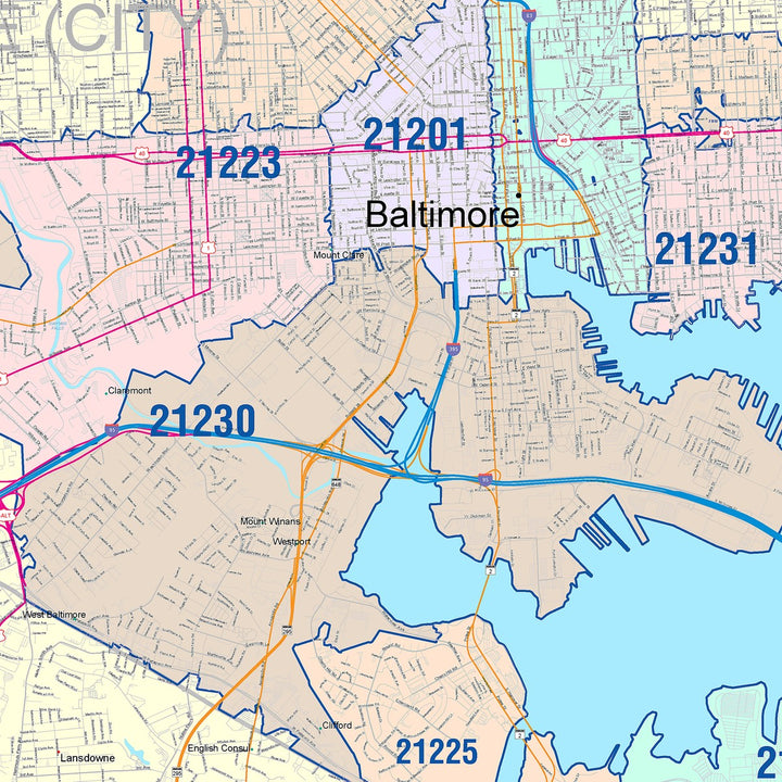 Color Cast Zip Code Style Wall Map of Baltimore MD