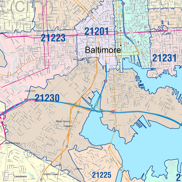 Color Cast Zip Code Style Wall Map of Baltimore MD – American Map Store