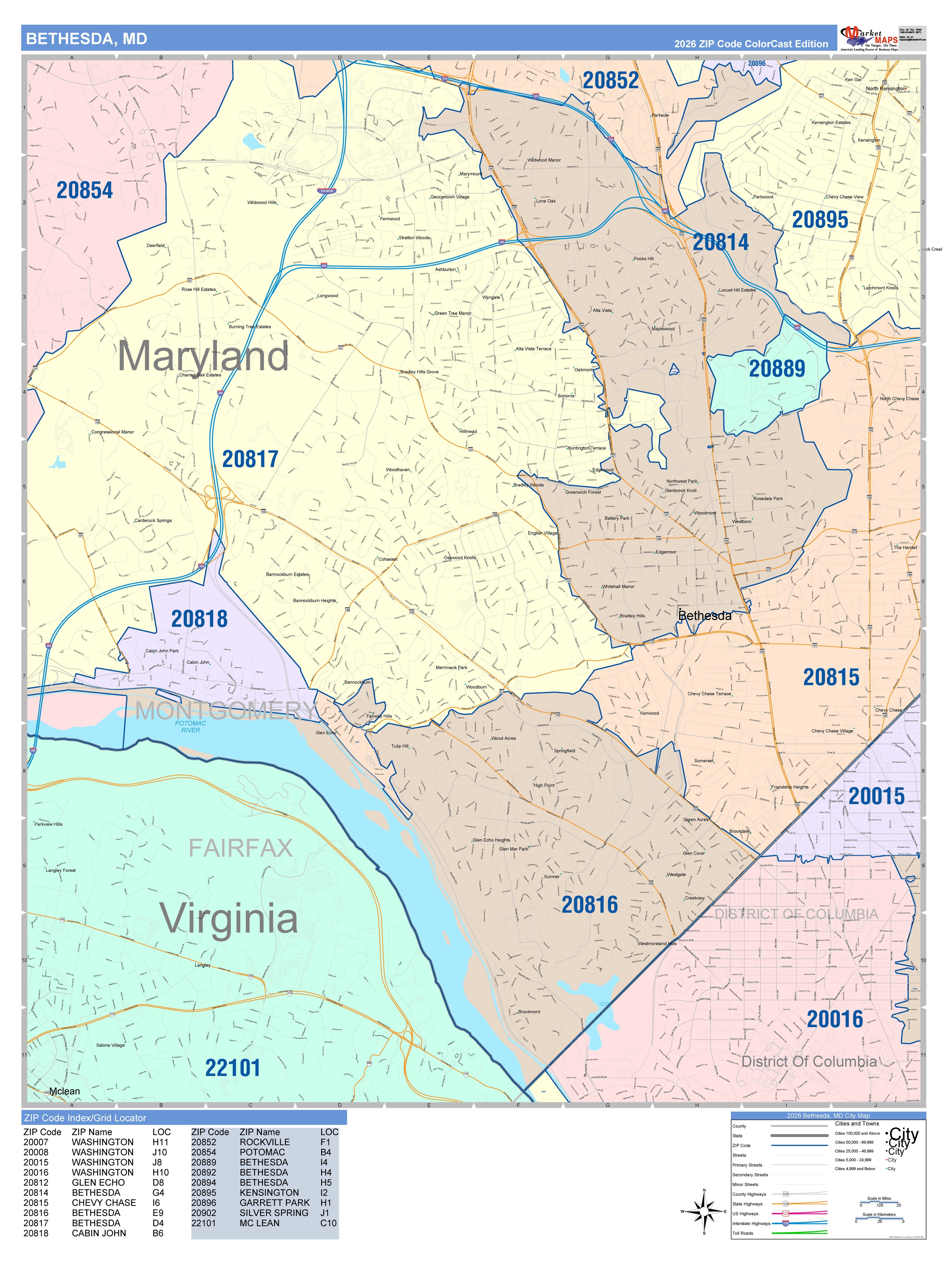 Color Cast Zip Code Style Wall Map of Bethesda, MD – American Map Store