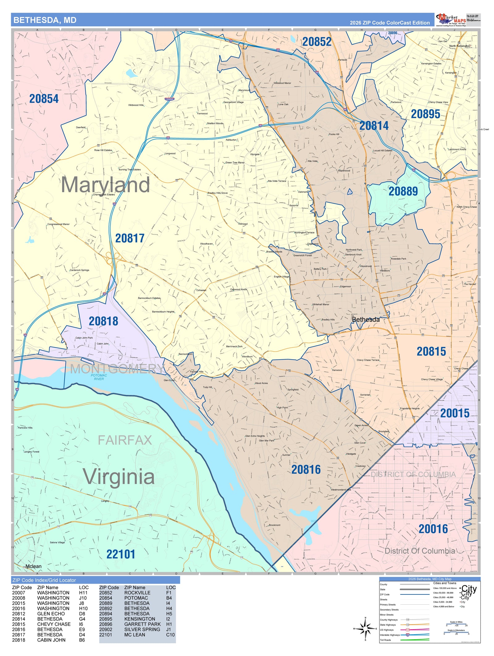 Color Cast Zip Code Style Wall Map of Bethesda, MD