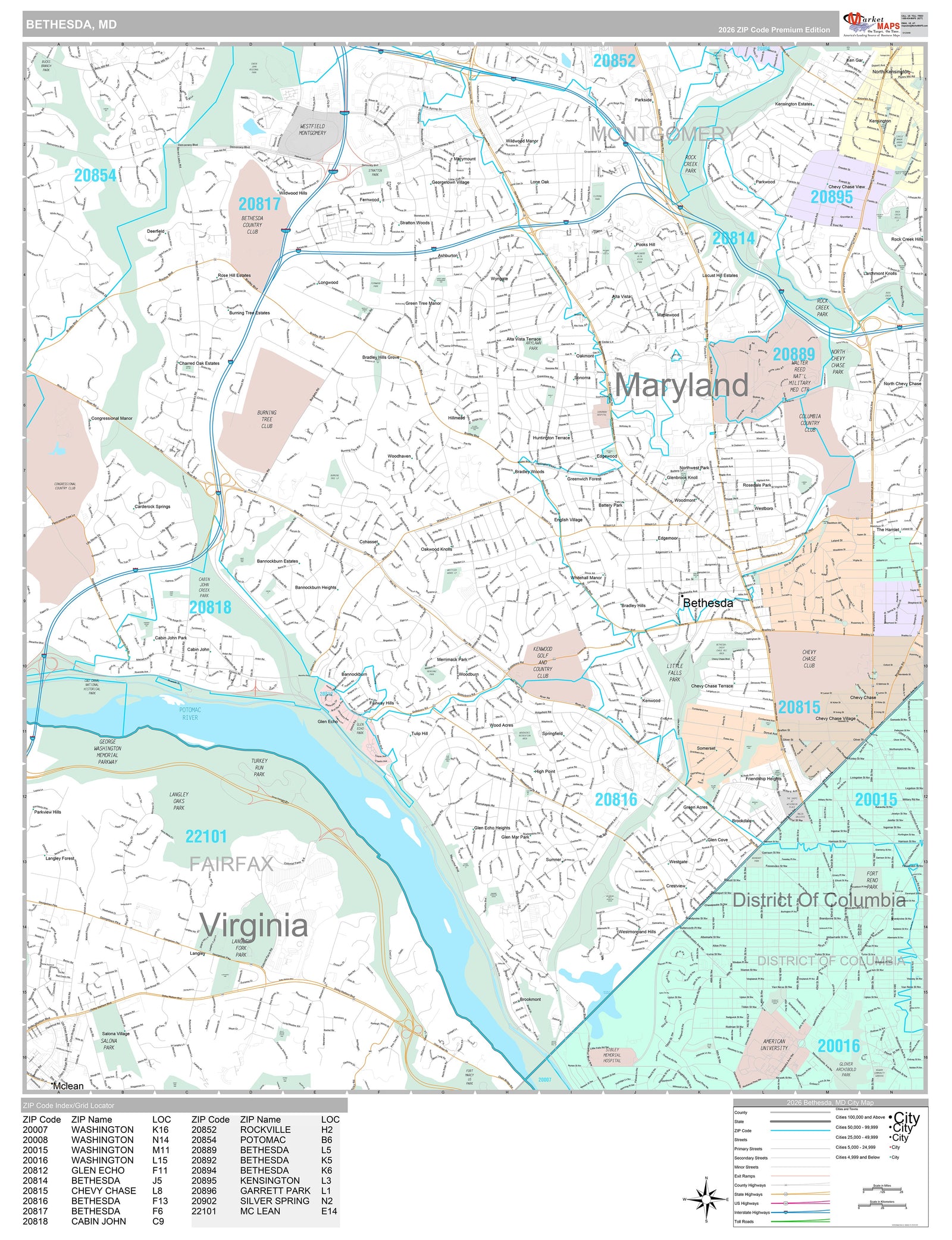 Premium Style Wall Map of Bethesda, MD