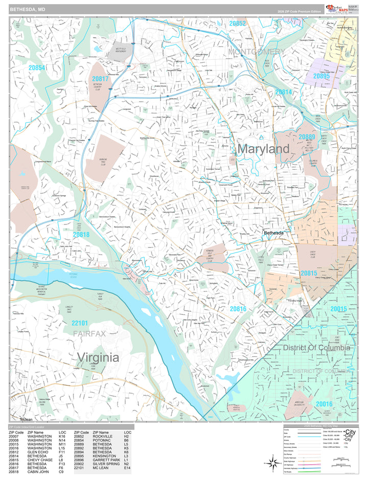 Premium Style Wall Map of Bethesda, MD