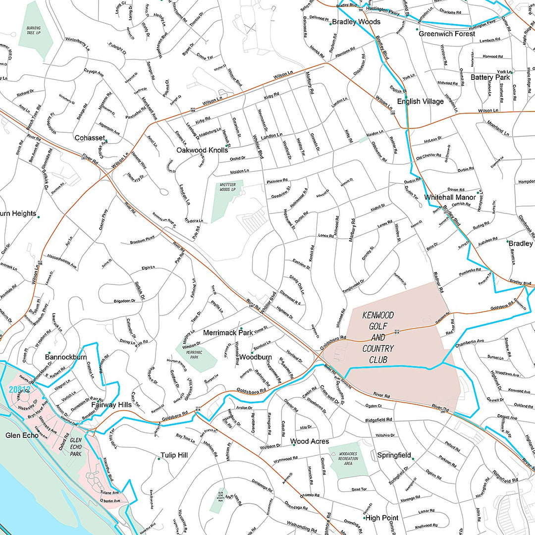 Premium Style Wall Map of Bethesda, MD