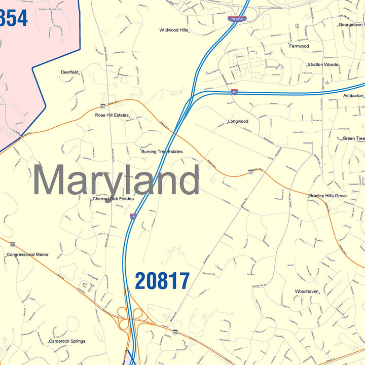 Color Cast Zip Code Style Wall Map of Bethesda, MD