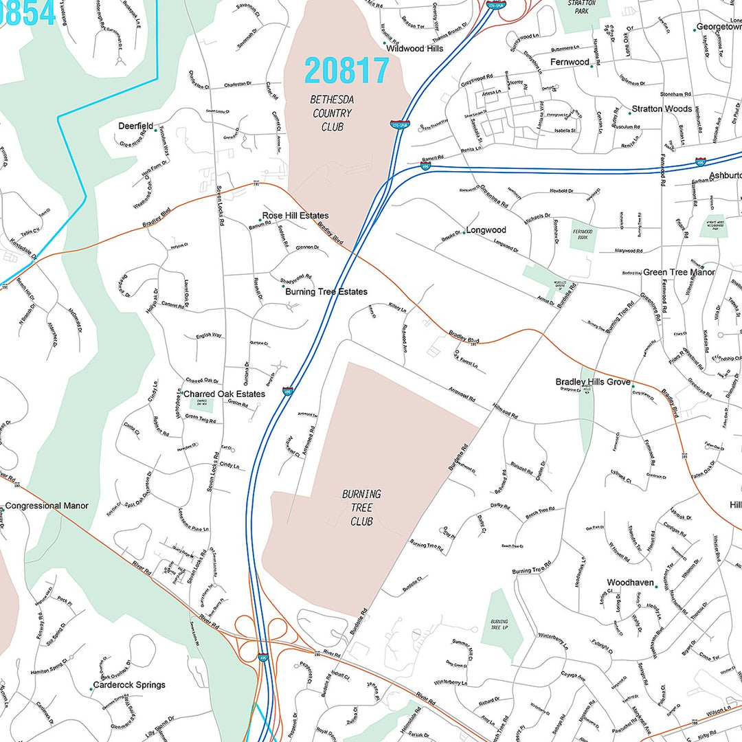Premium Style Wall Map of Bethesda, MD