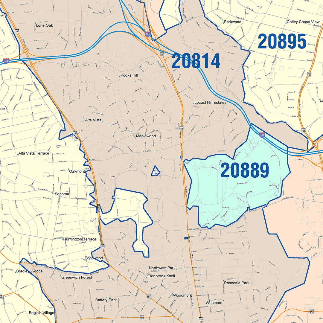 Color Cast Zip Code Style Wall Map of Bethesda, MD