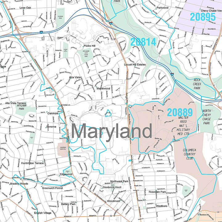 Premium Style Wall Map of Bethesda, MD