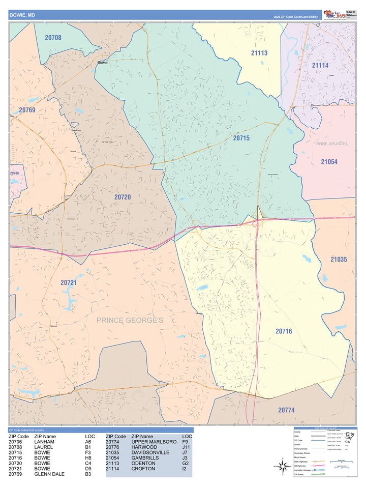 Color Cast Zip Code Style Wall Map of Bowie, MD